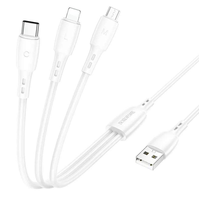 Универсальный кабель Borofone BX71 3-in-1 USB-A to Type-C/Lightning/micro USB 10w 2a 1м сable White - фото 2