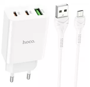 Сетевое зарядное устройство Hoco C99A 20w PD 2xUSB-C/USB-A ports fast charger + micro USB cable white - фото 1