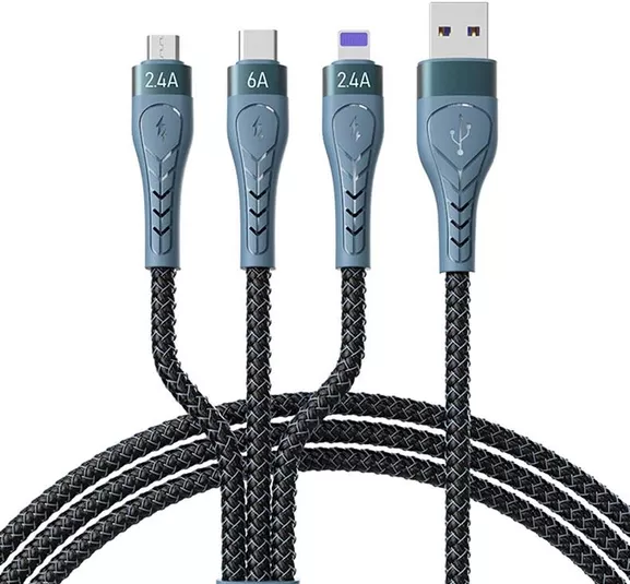 Универсальный кабель Proda PD-B74th-BK 3-in-1 USB-A to Type-C/Lightning/micro USB 30w 6a 1м сable Black - фото 2