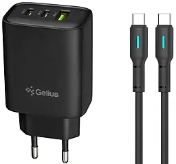 Мережевий зарядний пристрій Gelius Power Pulse GP-HC057 65w 2xUSB-C/USB-A ports charger + USB-C to USB-C cable Black - фото Мережевий зарядний пристрій Gelius Power Pulse GP-HC057 65w 2xUSB-C/USB-A ports charger + USB-C to USB-C cable Black