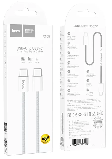Кабель Hoco X105 Hero USB Type-C - Type-C 60w 3a PD 1м able White - фото 4