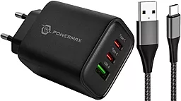 Мережевий зарядний пристрій Powermax Eclipse 65w GaN PD 2xUSB-C/USB-A ports charger + USB-C cable black - фото Мережевий зарядний пристрій Powermax Eclipse 65w GaN PD 2xUSB-C/USB-A ports charger + USB-C cable black