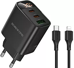 Мережевий зарядний пристрій Borofone BA98A 30w GaN PD 2xUSB-C/USB-A ports charger + USB-C to Lightning cable black - фото Мережевий зарядний пристрій Borofone BA98A 30w GaN PD 2xUSB-C/USB-A ports charger + USB-C to Lightning cable black