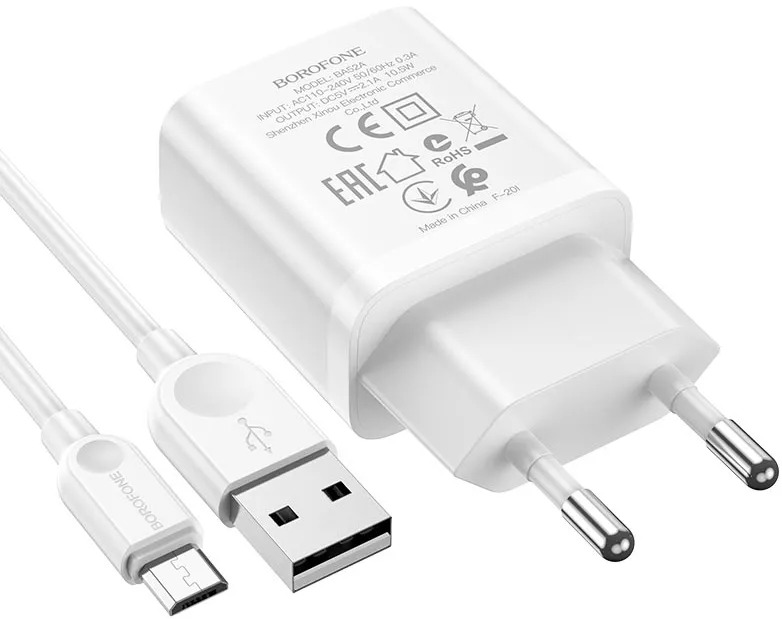 Сетевое зарядное устройство Borofone BA52A Gamble 2.1a home charger + micro USB cable white - фото 2