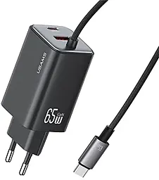 Мережевий зарядний пристрій Usams CC266 65w GaN PD USB-C/USB-A ports charger + USB-C cable black - фото Мережевий зарядний пристрій Usams CC266 65w GaN PD USB-C/USB-A ports charger + USB-C cable black