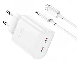 Сетевое зарядное устройство XO L105 35w PD 2xUSB-C fast charger + USB-C to Lightning cable white - фото Сетевое зарядное устройство XO L105 35w PD 2xUSB-C fast charger + USB-C to Lightning cable white