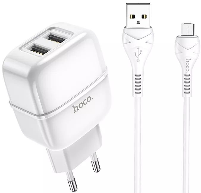 Сетевое зарядное устройство Hoco C77A 2.4a 2xUSB-A ports charger + micro USB cable white - фото 2