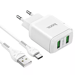Сетевое зарядное устройство Hoco N6 18w QC3.0 2xUSB-A ports charger + USB-C cable white