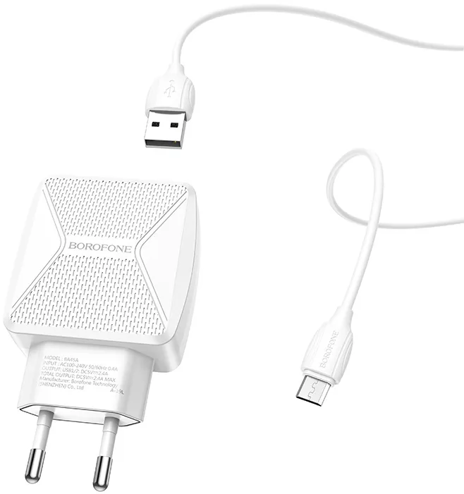 Мережевий зарядний пристрій Borofone BA45A Max Power 2.4a 2xUSB-A ports charger + micro USB cable white - фото 4
