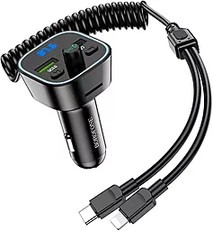 Автомобильное зарядное устройство с FM-модулятором Borofone BC45 Prestige 18w QC3.0 2xUSB-A ports car charger + 2-in-1 to USB-C/Lightning cable black