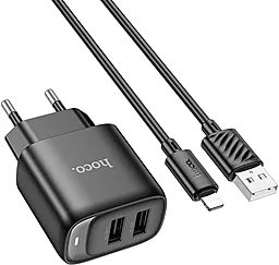 Мережевий зарядний пристрій Hoco C141A 2.1a 2xUSB-A ports home charger + Lightning cable black - фото Мережевий зарядний пристрій Hoco C141A 2.1a 2xUSB-A ports home charger + Lightning cable black