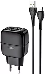 Сетевое зарядное устройство Hoco C77A 2.4a 2xUSB-A ports charger + Lightning cable black - фото Сетевое зарядное устройство Hoco C77A 2.4a 2xUSB-A ports charger + Lightning cable black