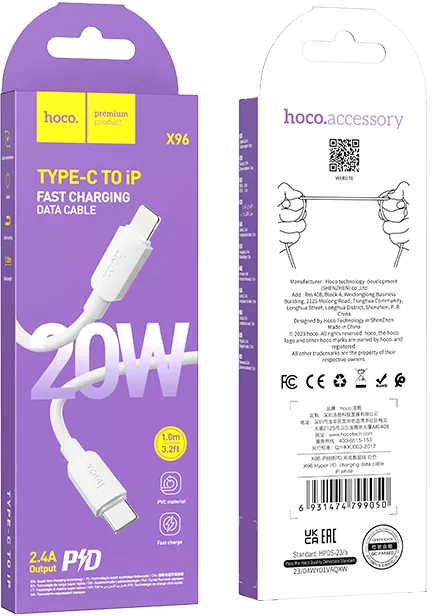 Кабель Hoco X96 Hyper USB Type-C - Lightning 20w 2.4a 1м PD сable White - фото 5