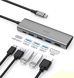 Мультипортовый USB Type-C хаб (концентратор) WIWU Alpha A531H 3xUSB 3.0 + USB-C + HDMI Gray