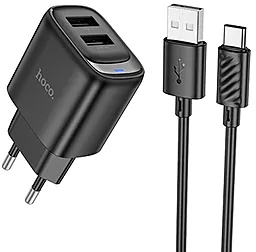 Сетевое зарядное устройство Hoco C141A 2.1a 2xUSB-A ports charger + USB Type-C cable black