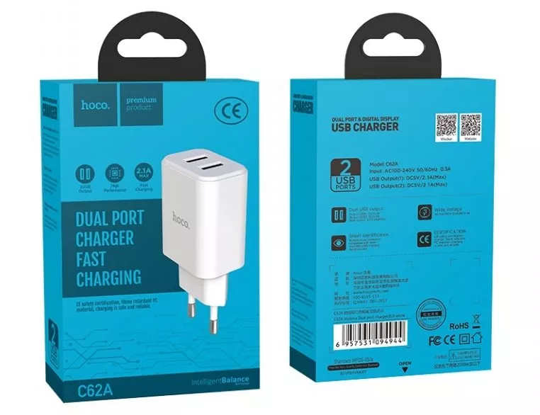 Сетевое зарядное устройство Hoco C62A Victoria 2.1a 2xUSB-A ports charger white - фото 3