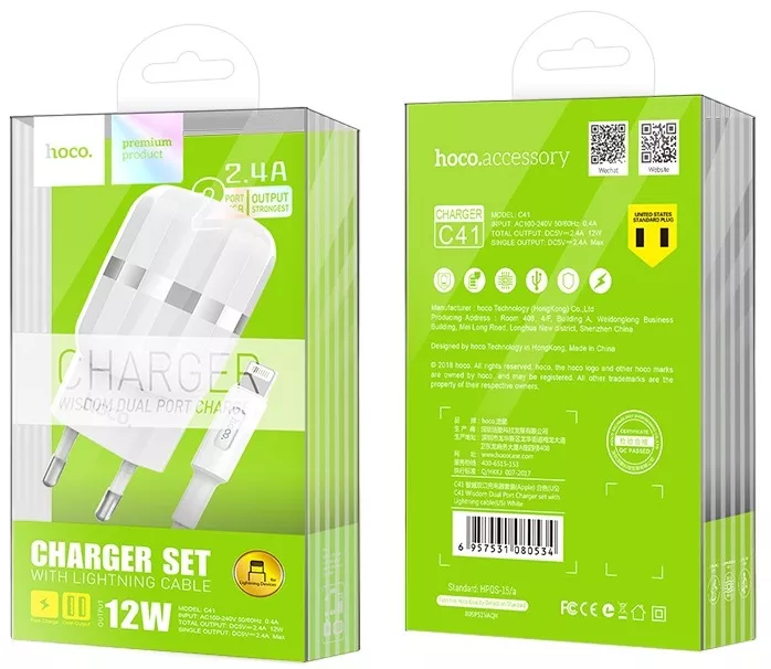 Мережевий зарядний пристрій Hoco C41A Wisdom 2.4a 2xUSB-A ports charger + Lightning cable white - фото 5