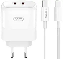 Мережевий зарядний пристрій XO L140 Nitride 35w GaN PD 2xUSB-C ports charger + USB-C to USB-C cable white - фото Мережевий зарядний пристрій XO L140 Nitride 35w GaN PD 2xUSB-C ports charger + USB-C to USB-C cable white