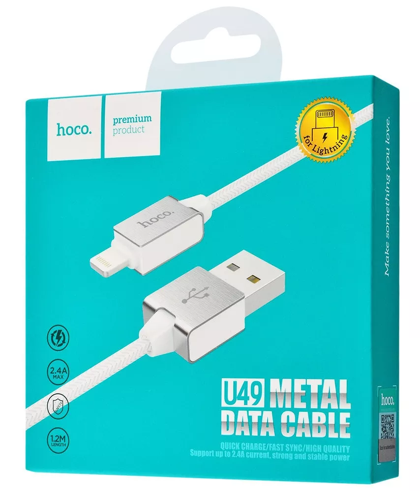 Кабель Hoco U49 Refined Steel USB-A - Lightning 12w 2.4a 1.2м cable White - фото 3