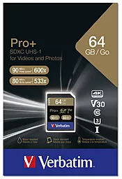 Карта памяти Verbatim SDXC 64GB Pro Plus Class 10 UHS-I U3 V30 (49197) - миниатюра 2