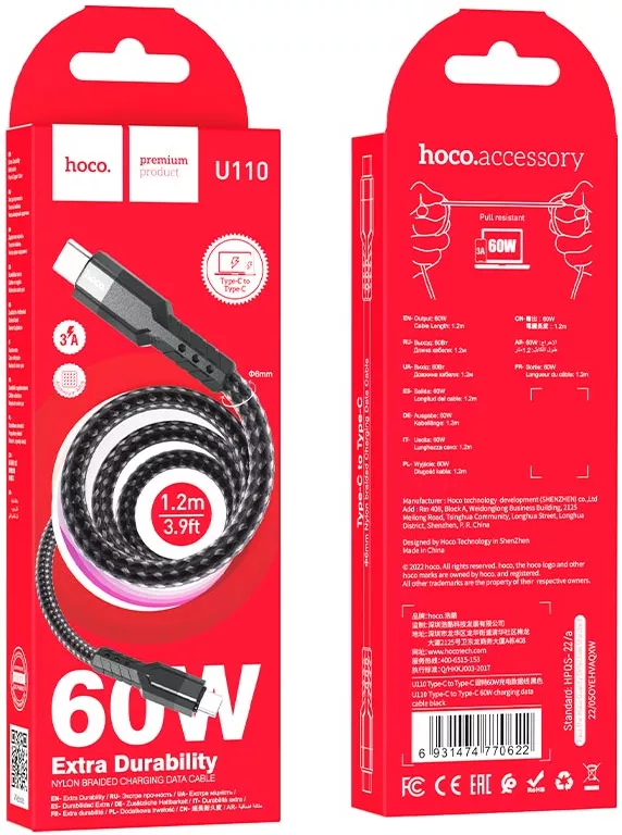 Кабель Hoco U110 USB Type-C - Type-C 60w 3a 1.2м PD cable Black - фото 5