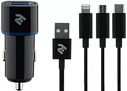 Автомобильное зарядное устройство 2E 2.4a 2xUSB-A ports car charger + 3-in-1 USB-A to USB-C/micro USB/Lightning cable black (2E-ACR01-C3IN1)