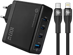 Мережевий зарядний пристрій Powermax Eclipse 100w GaN PD 3xUSB-C/USB-A ports charger + USB-C - Lightning 27w cable black - фото Мережевий зарядний пристрій Powermax Eclipse 100w GaN PD 3xUSB-C/USB-A ports charger + USB-C - Lightning 27w cable black