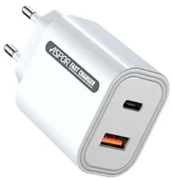 Мережевий зарядний пристрій Aspor 33w PD USB-C/USB-A ports charger white - фото Мережевий зарядний пристрій Aspor 33w PD USB-C/USB-A ports charger white
