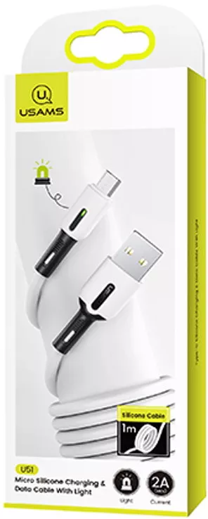 Кабель Usams U51 Silicone USB-A - micro USB 10w 1м cable White - фото 3