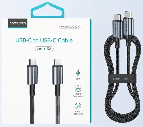 Кабель Choetech USB Type-C - Type-C 60w 3a 2м PD cable Black (XCC-1015) - фото 6