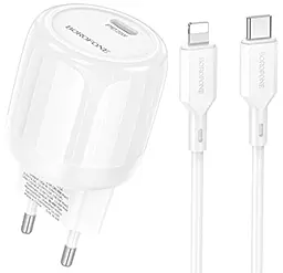 Мережевий зарядний пристрій Borofone BA92A Lustrous 20w PD USB-C port charger + USB-C to Lightning cable white - фото Мережевий зарядний пристрій Borofone BA92A Lustrous 20w PD USB-C port charger + USB-C to Lightning cable white