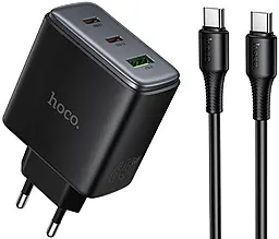 Сетевое зарядное устройство Hoco C160A Upgrade 65w Gan PD/QC 2XUSB-C/USB-A ports charger + USB-C to USB-C cable black - фото Сетевое зарядное устройство Hoco C160A Upgrade 65w Gan PD/QC 2XUSB-C/USB-A ports charger + USB-C to USB-C cable black