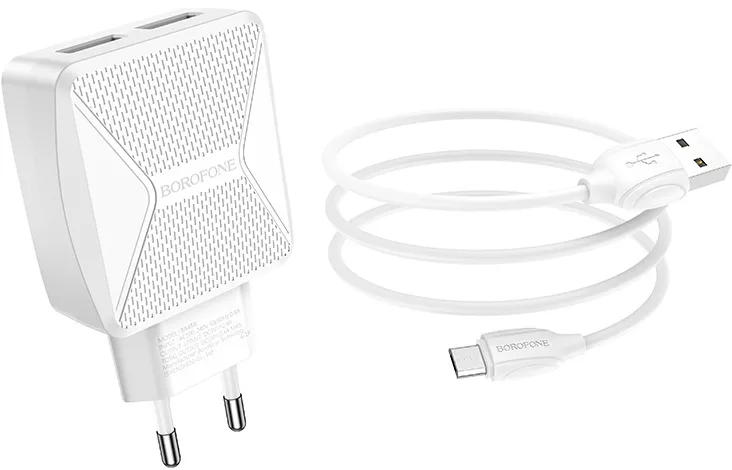 Мережевий зарядний пристрій Borofone BA45A Max Power 2.4a 2xUSB-A ports charger + micro USB cable white - фото 2
