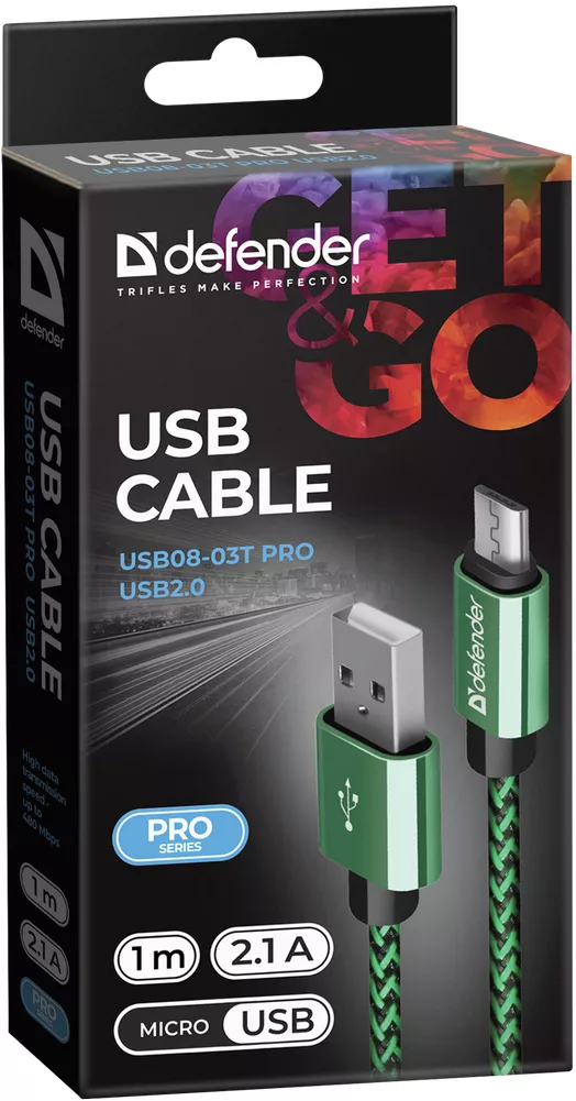 Кабель Defender USB08-03T USB-A - micro USB 10.5w 1м cable Green (87804) - фото 3