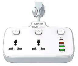 Мережевий фільтр (подовжувач) LDNio SC2413 2 розетки 10A 3xUSB-A-C 2.5см з вимикачами White - мініатюра 3