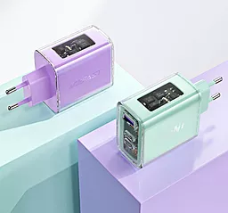 Сетевое зарядное устройство AceFast Sparkling Series Alfalfa A45 65W GaN PD/QC USB-A+2xUSB-C Purple - миниатюра 7
