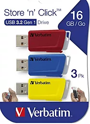 Флешка Verbatim Store 'n' Click 3x16 GB Kit USB 3.2 (49306) Red/Blue/Yellow - фото Флешка Verbatim Store 'n' Click 3x16 GB Kit USB 3.2 (49306) Red/Blue/Yellow