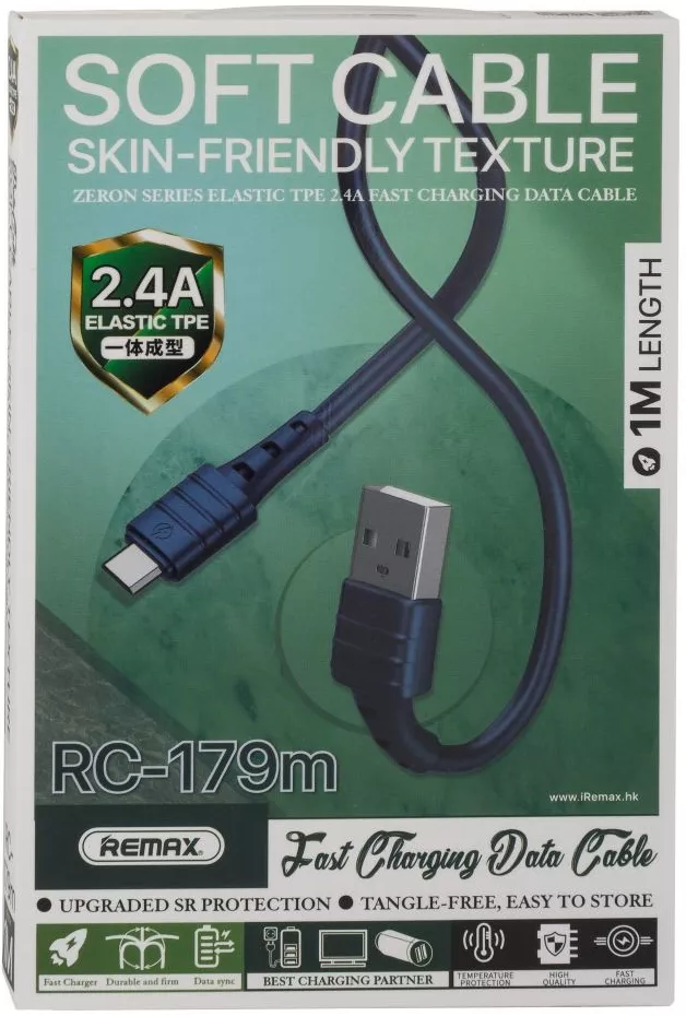 Кабель Remax RC-179m USB-A - micro USB 12w 2.4a 1м cable Blue - фото 3