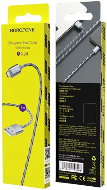 Кабель Borofone BX24 Ring Current USB-A - micro USB 12w 2.4a 1м cable Silver - фото 7