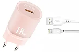 Сетевое зарядное устройство XO L157 18w QC3.0 USB-A home charge + Lightning cable pink - фото Сетевое зарядное устройство XO L157 18w QC3.0 USB-A home charge + Lightning cable pink