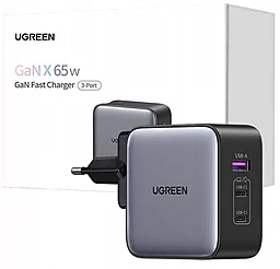 Сетевое зарядное устройство Ugreen CD296 65w GaN PD 2xUSB-C/USB-A ports fast charger grey (90409) - фото Сетевое зарядное устройство Ugreen CD296 65w GaN PD 2xUSB-C/USB-A ports fast charger grey (90409)