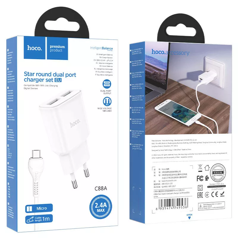 Сетевое зарядное устройство Hoco C88A 2.4a 2xUSB-A ports charger + micro USB cable white - фото 6