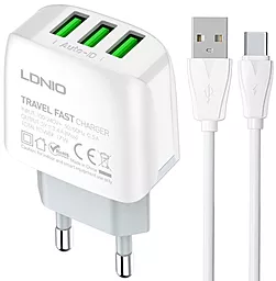 Мережевий зарядний пристрій LDNio A3312 17w 3xUSB-A ports charger + USB-C cable white