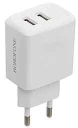 Сетевое зарядное устройство Borofone BA3A Ezplug 2.4a 2xUSB-A ports charger white - фото Сетевое зарядное устройство Borofone BA3A Ezplug 2.4a 2xUSB-A ports charger white