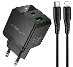 Мережевий зарядний пристрій Borofone BN19 Intenso 20w GaN PD USB-C/USB-A ports charger + USB-C to Lightning cable black - фото Мережевий зарядний пристрій Borofone BN19 Intenso 20w GaN PD USB-C/USB-A ports charger + USB-C to Lightning cable black