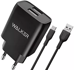 Сетевое зарядное устройство Walker WH-31 2.1a 2xUSB-A ports charger + USB-C cable black