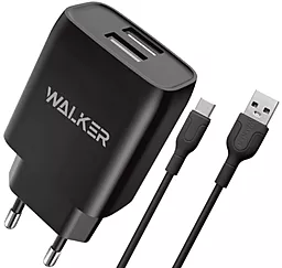 Сетевое зарядное устройство Walker WH-31 2.1a 2xUSB-A ports charger + USB-C cable black - фото Сетевое зарядное устройство Walker WH-31 2.1a 2xUSB-A ports charger + USB-C cable black