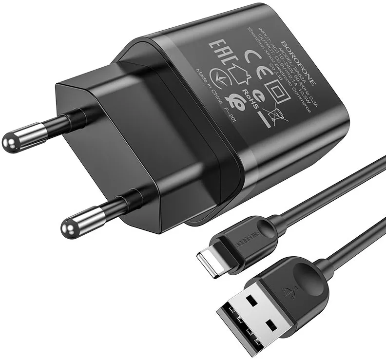 Сетевое зарядное устройство Borofone BA52A Gamble 2.1a home charger + Lightning cable black - фото 2