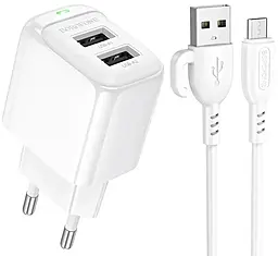 Мережевий зарядний пристрій Borofone BAS41A Potential 2.4a 2xUSB-A ports home charger + micro USB cable white - фото Мережевий зарядний пристрій Borofone BAS41A Potential 2.4a 2xUSB-A ports home charger + micro USB cable white