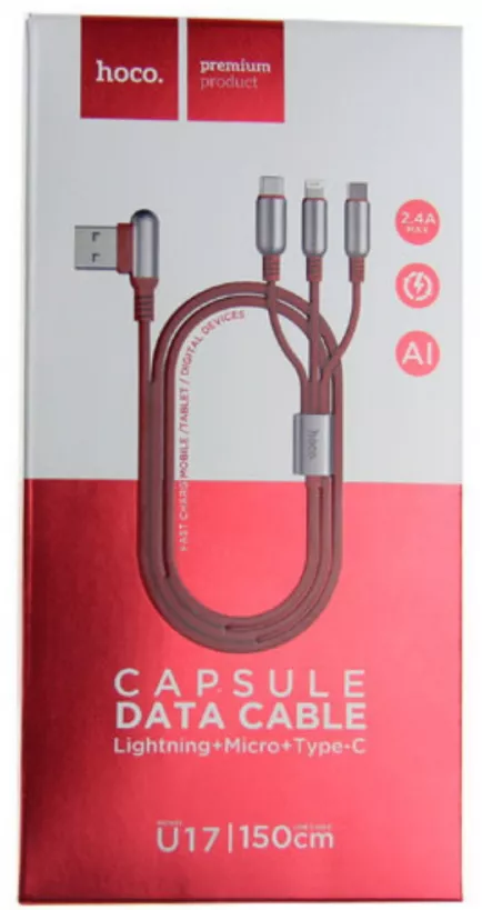 Універсальний кабель Hoco U17 Combo 3-in-1 USB-A to Type-C/Lightning/micro USB 12w 2.4a 1.5м сable Red - фото 4